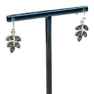 Silver Tone Leaf Marcasite Accents Dangle Drop Earrings